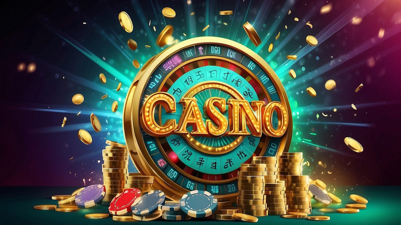 The word Casino, surrounded by a luminous frame and attributes of gambling, on the podium