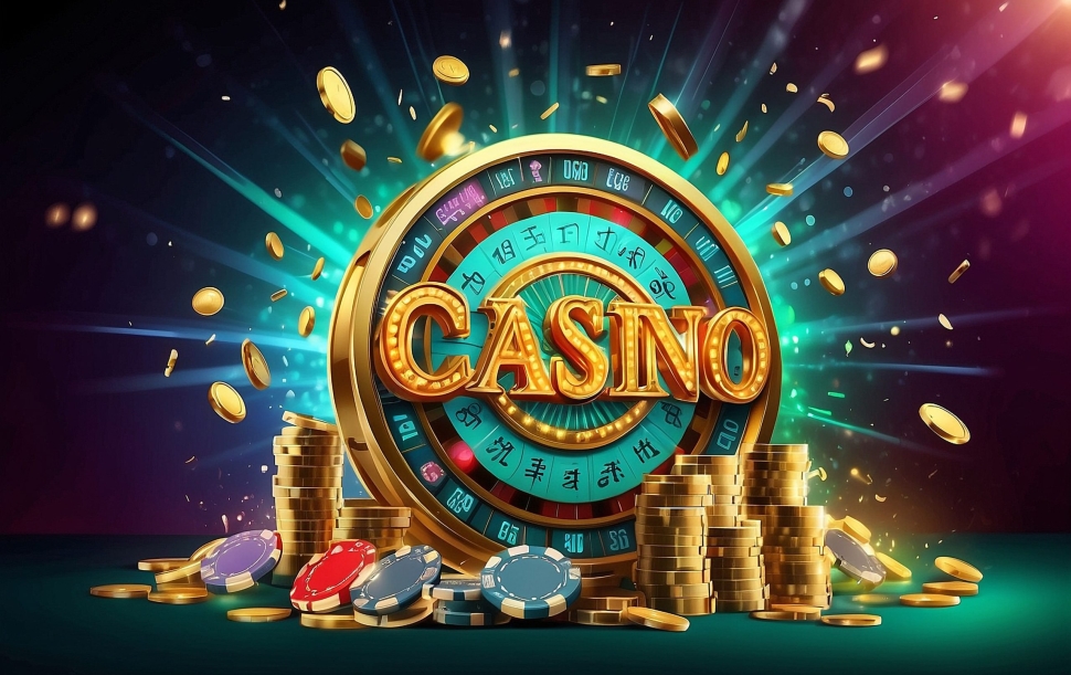 The word Casino, surrounded by a luminous frame and attributes of gambling, on the podium